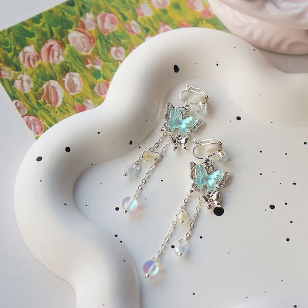 Butterfly Earring / Clip-On Bead Sterling 925 Silver Drop FashionChic