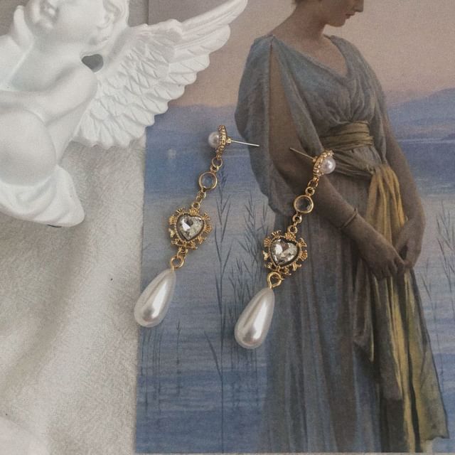 Pearl Heart Earring Alloy Dangle Rhinestone Faux FashionChic