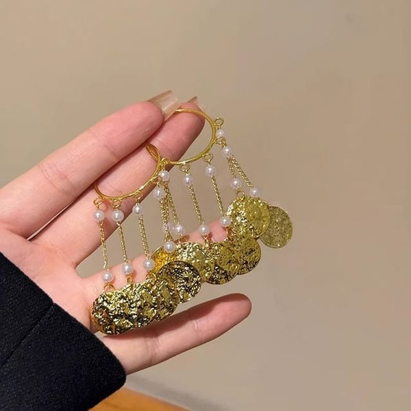 Faux Textured Earring Pearl Alloy Disc Chandelier FashionChic