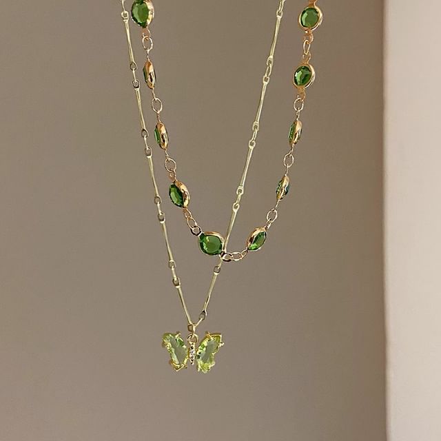 Station Necklace Layered Rhinestone Butterfly FashionChic