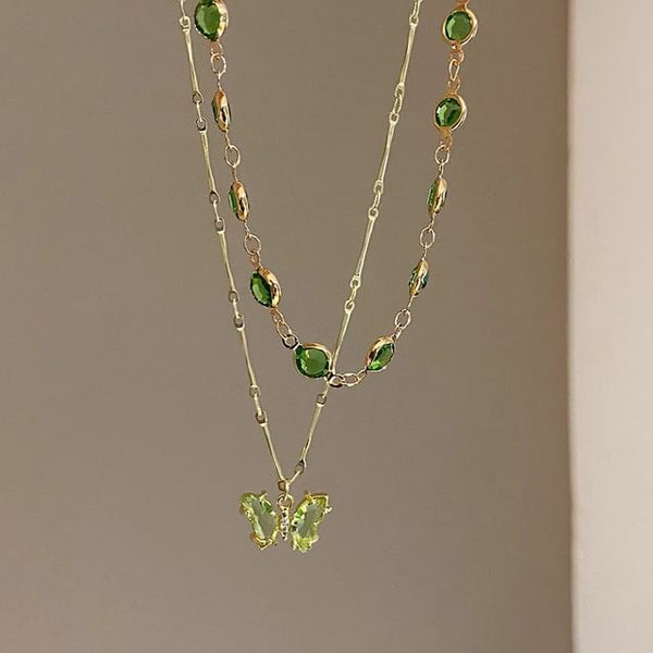 Station Necklace Layered Rhinestone Butterfly FashionChic