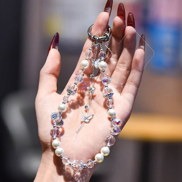 Pad Phone with Strap Faux Pearl Butterfly Wrist Lanyard FashionChic