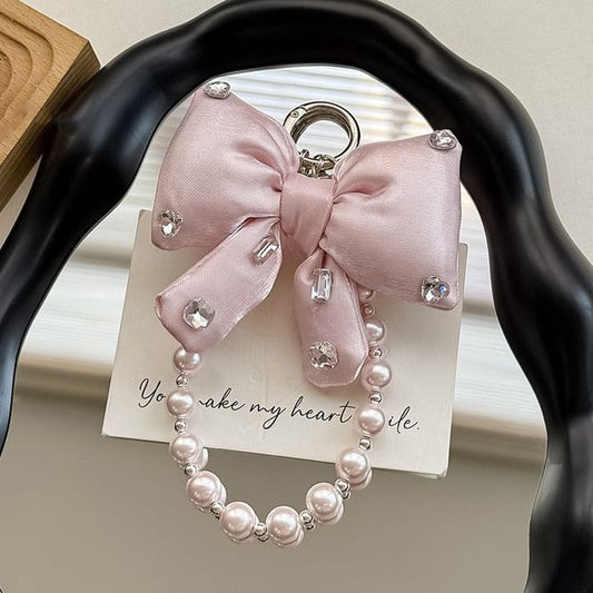 Pearl Bow Lanyard Pad with Faux Rhinestone Charm Phone FashionChic