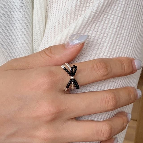 Ring Sterling Beaded 925 Bow Elastic Silver FashionChic