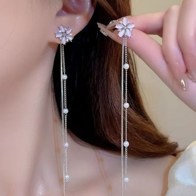 Faux Alloy Floral Gemstone Pearl Threader Earring FashionChic