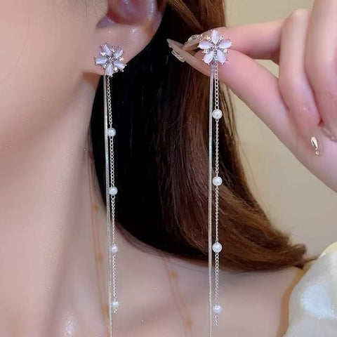 Faux Alloy Floral Gemstone Pearl Threader Earring FashionChic