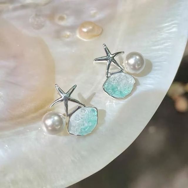 Pearl Alloy Stud Faux Rhinestone Earring Starfish FashionChic