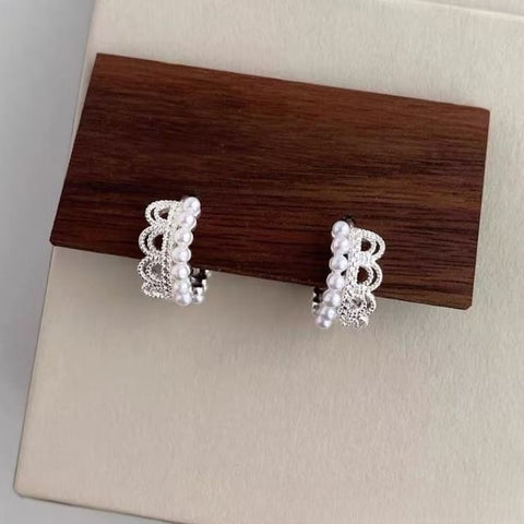 Huggie Earring Pearl Faux Lace Alloy FashionChic