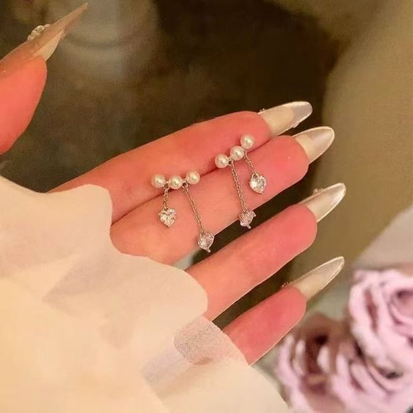 Heart Rhinestone Alloy Pearl Dangle Earring Faux FashionChic