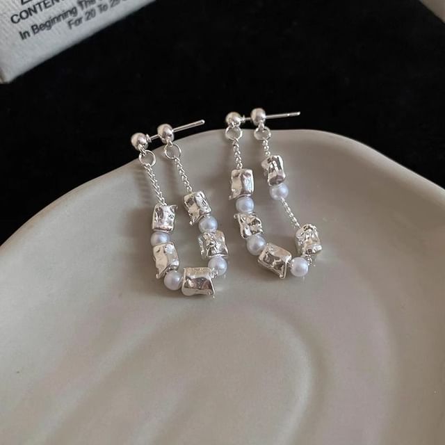 Dangle Faux Pearl Chain Hoop Earring Alloy FashionChic