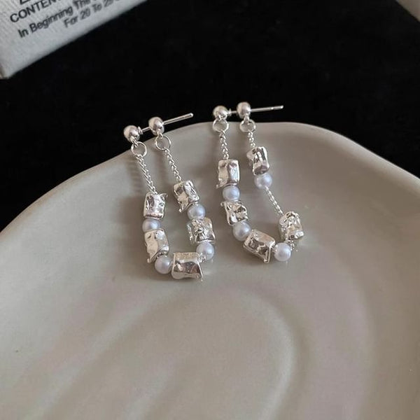 Dangle Faux Pearl Chain Hoop Earring Alloy FashionChic