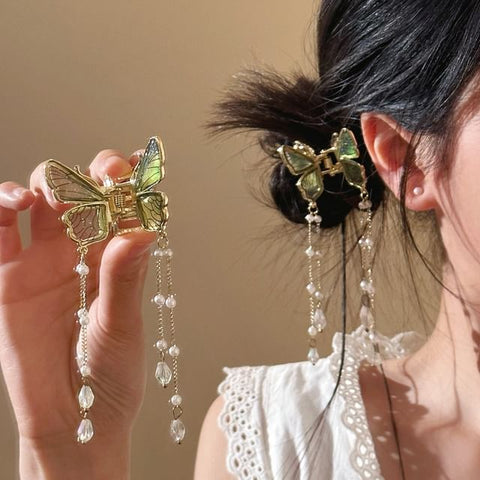Pearl Butterfly Faux Hair Claw Fringed FashionChic