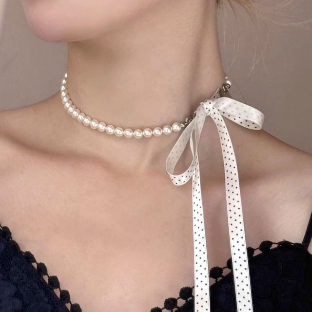 Dotted Necklace Beaded Ribbon FashionChic