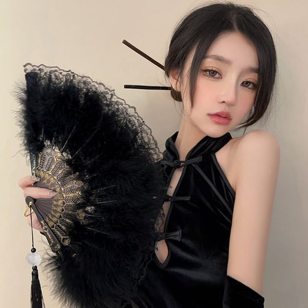 Hand Tassel Feather Lace Foldable Fan FashionChic