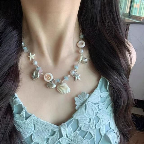 Faux Pearl Necklace Starfish Shell FashionChic