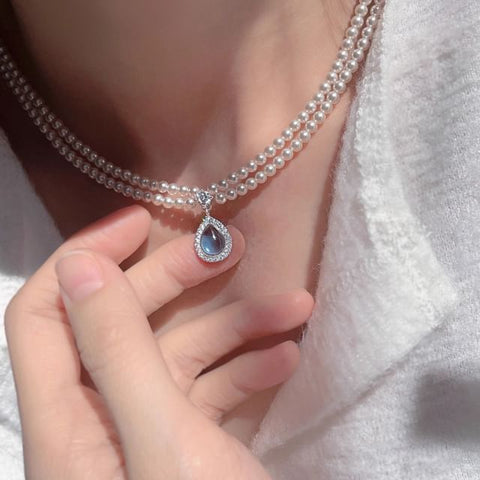 Faux Layered Necklace Gemstone Pendant Pearl FashionChic