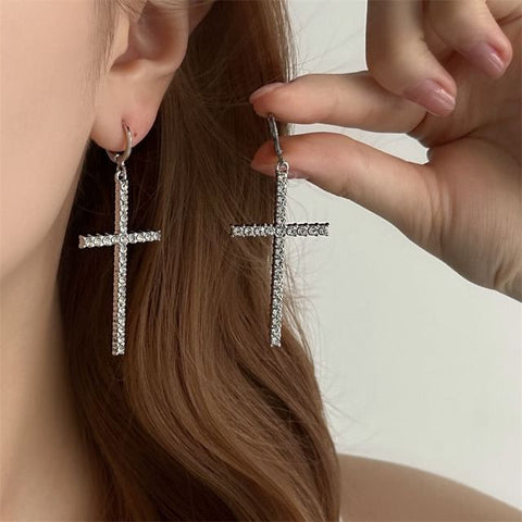 Earring Rhinestone Drop Cross Huggie FashionChic