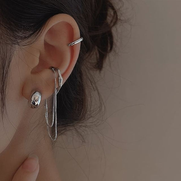 Sterling Plain Earring Hoop Ear Silver Chain Cuff + 925 Set: FashionChic