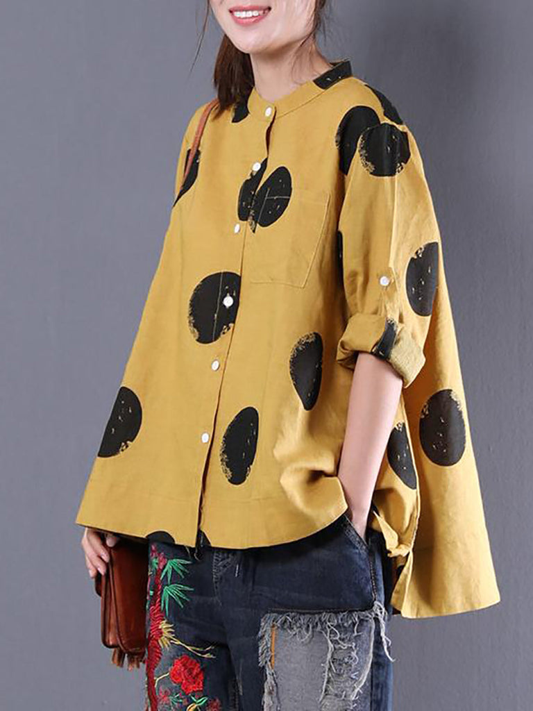 Plus Size Loose Dots Long Sleeve Cotton Linen Shirt QW1054 Ada Fashion