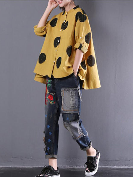 Plus Size Loose Dots Long Sleeve Cotton Linen Shirt QW1054 Ada Fashion