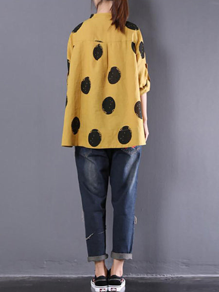 Plus Size Loose Dots Long Sleeve Cotton Linen Shirt QW1054 Ada Fashion