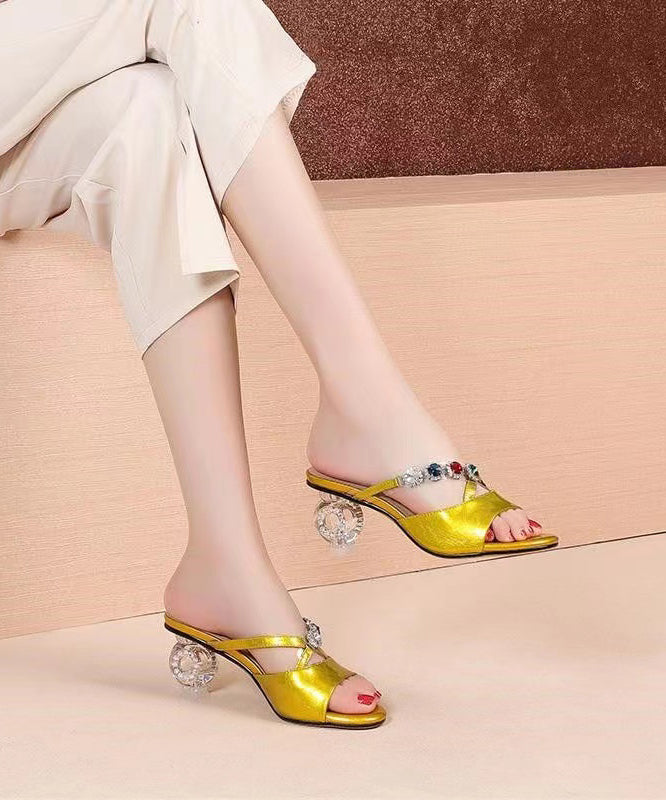 Yellow Boutique Crystal Chunky Heel Zircon Slide Sandals RT1028 Ada Fashion