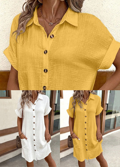 Yellow Button Solid Cotton Dress Peter Pan Collar Short Sleeve QE043 MZF-SDM240927