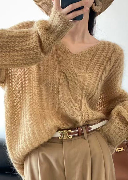 Yellow Cozy Knit Pullover Sweater V Neck Winter WQ049 OL-NTP241031