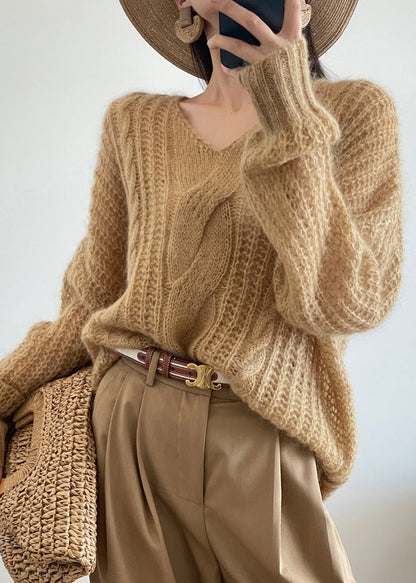 Yellow Cozy Knit Pullover Sweater V Neck Winter WQ049 OL-NTP241031