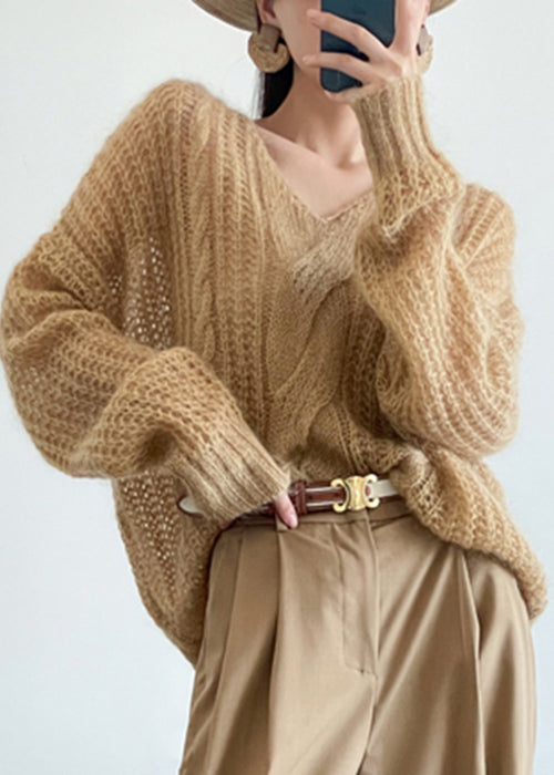 Yellow Cozy Knit Pullover Sweater V Neck Winter WQ049 OL-NTP241031