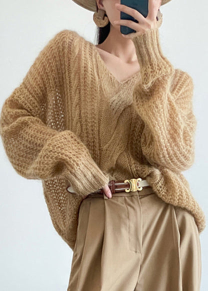 Yellow Cozy Knit Pullover Sweater V Neck Winter WQ049 OL-NTP241031