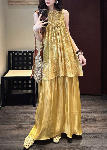 O Two Neck Silk Summer Patchwork Dress Yellow Pieces False FashionChic