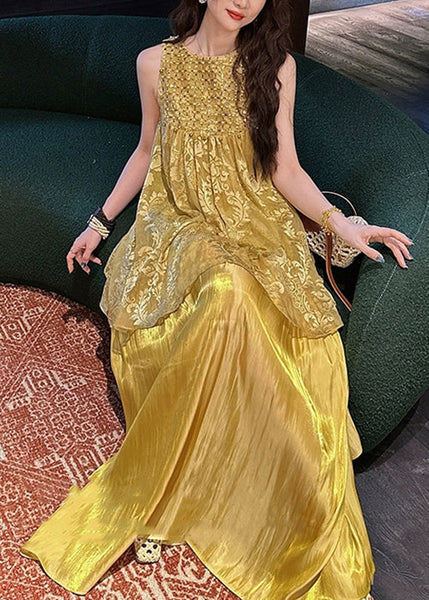 O Two Neck Silk Summer Patchwork Dress Yellow Pieces False FashionChic