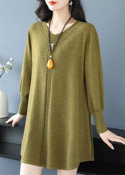 Yellow Green V Neck Cozy Cotton Knit Sweater TE031 ABC