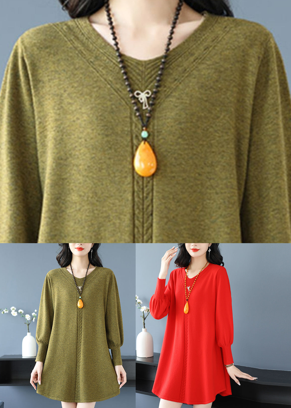 Yellow Green V Neck Cozy Cotton Knit Sweater TE031 ABC