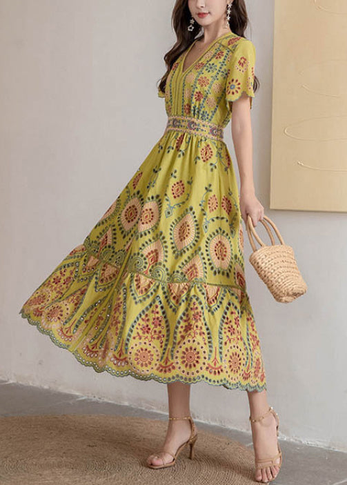 Dress Hollow High V Neck Long Yellow Out Waist Summer Cotton FashionChic