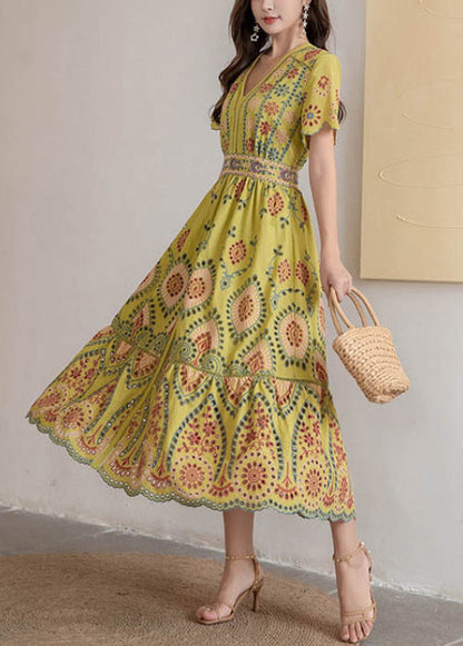 Dress Hollow High V Neck Long Yellow Out Waist Summer Cotton FashionChic