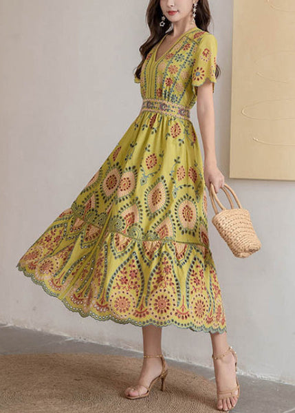 Dress Hollow High V Neck Long Yellow Out Waist Summer Cotton FashionChic