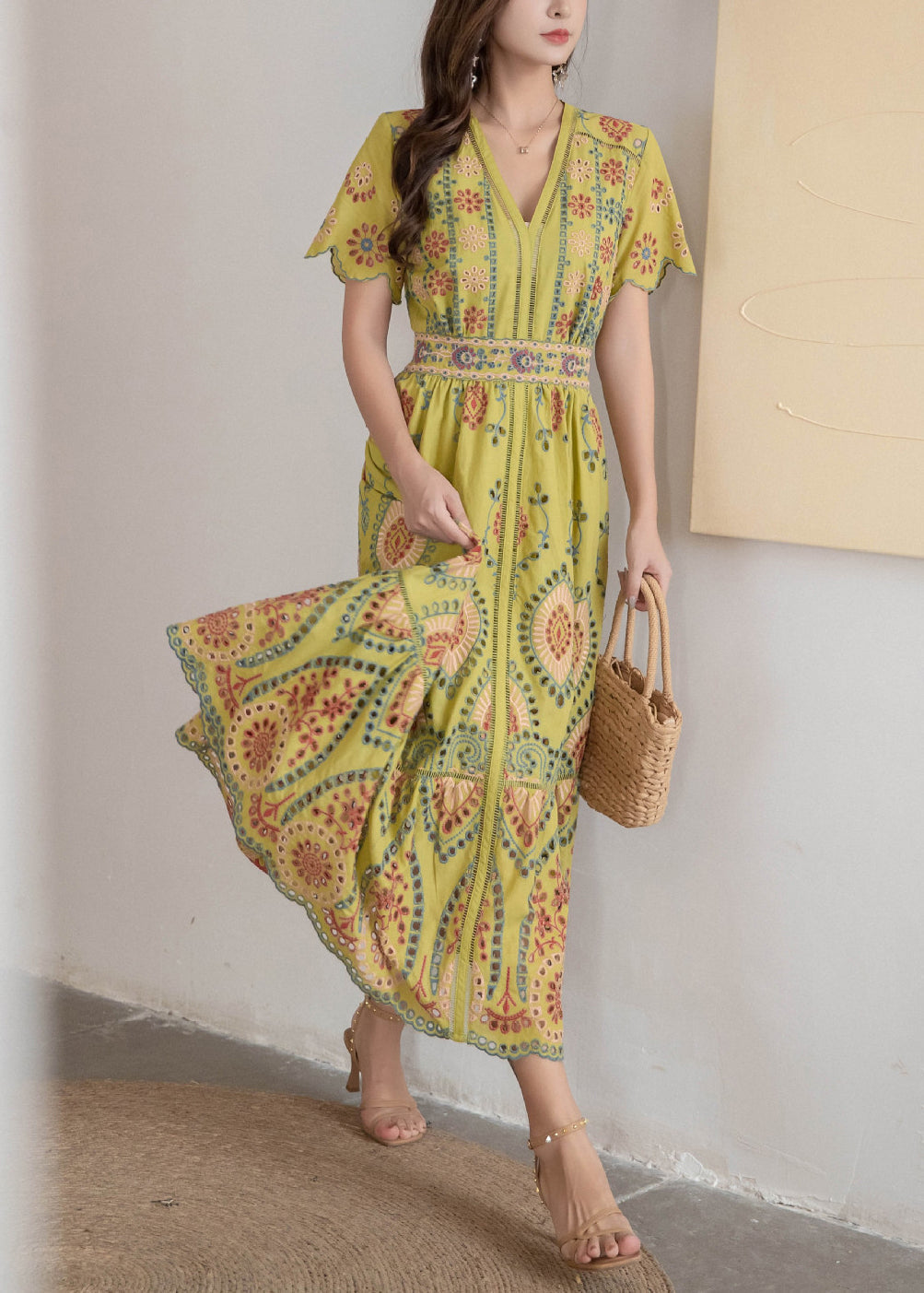 Dress Hollow High V Neck Long Yellow Out Waist Summer Cotton FashionChic