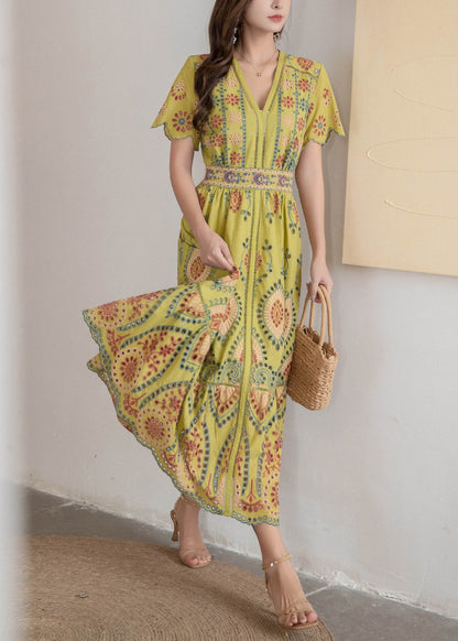 Dress Hollow High V Neck Long Yellow Out Waist Summer Cotton FashionChic