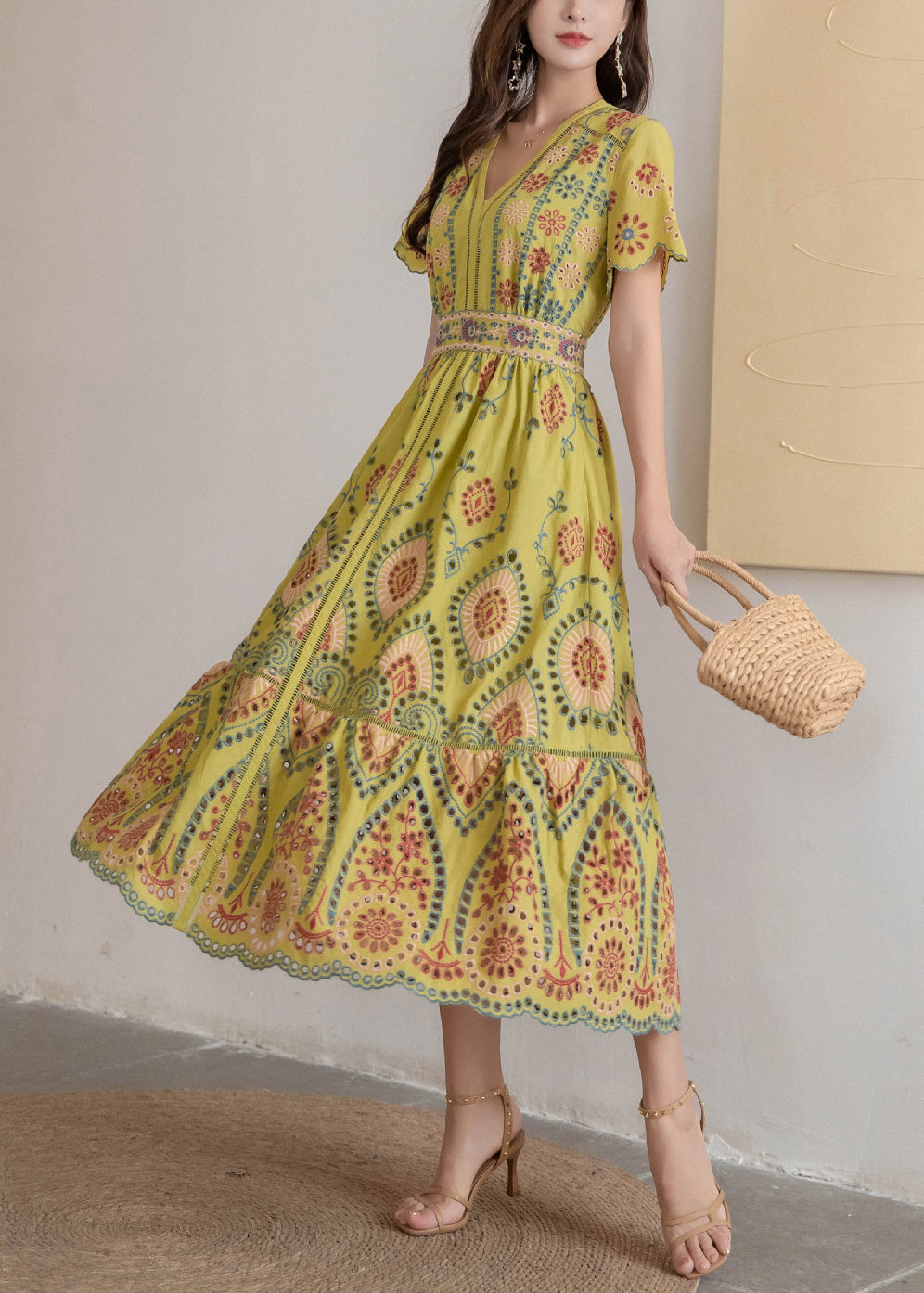 Dress Hollow High V Neck Long Yellow Out Waist Summer Cotton FashionChic