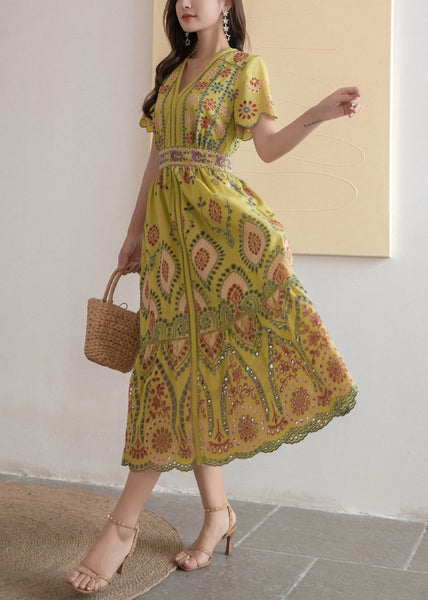 Dress Hollow High V Neck Long Yellow Out Waist Summer Cotton FashionChic