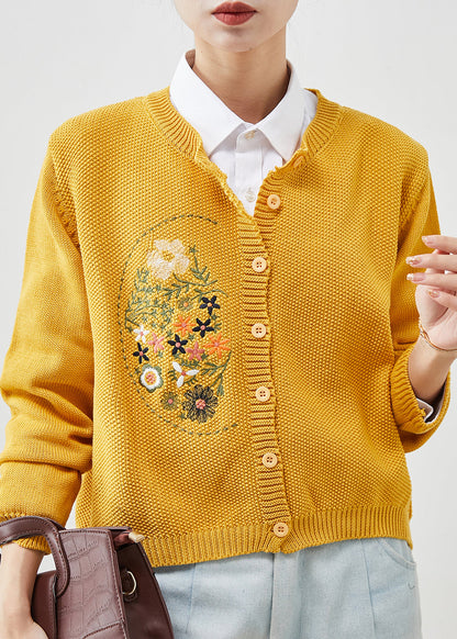 Yellow Knit Cardigans Embroidered Button Spring YU1042 Ada Fashion