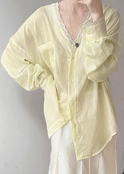 Lace V Blouse Neck Cotton Summer Pockets Silk Yellow FashionChic