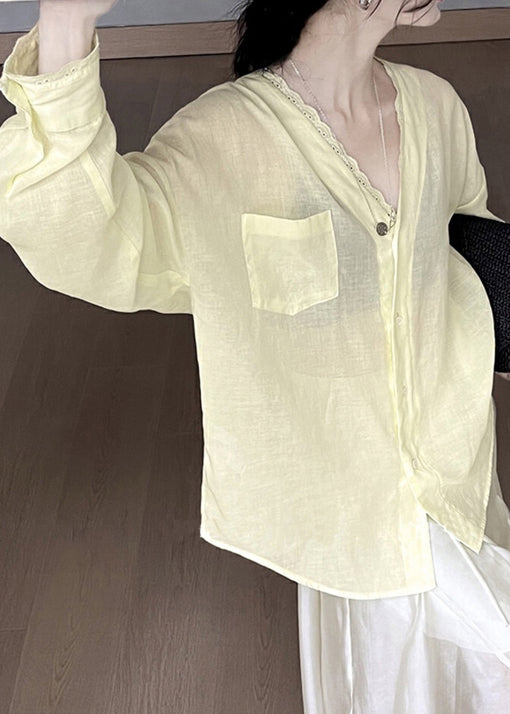 Lace V Blouse Neck Cotton Summer Pockets Silk Yellow FashionChic