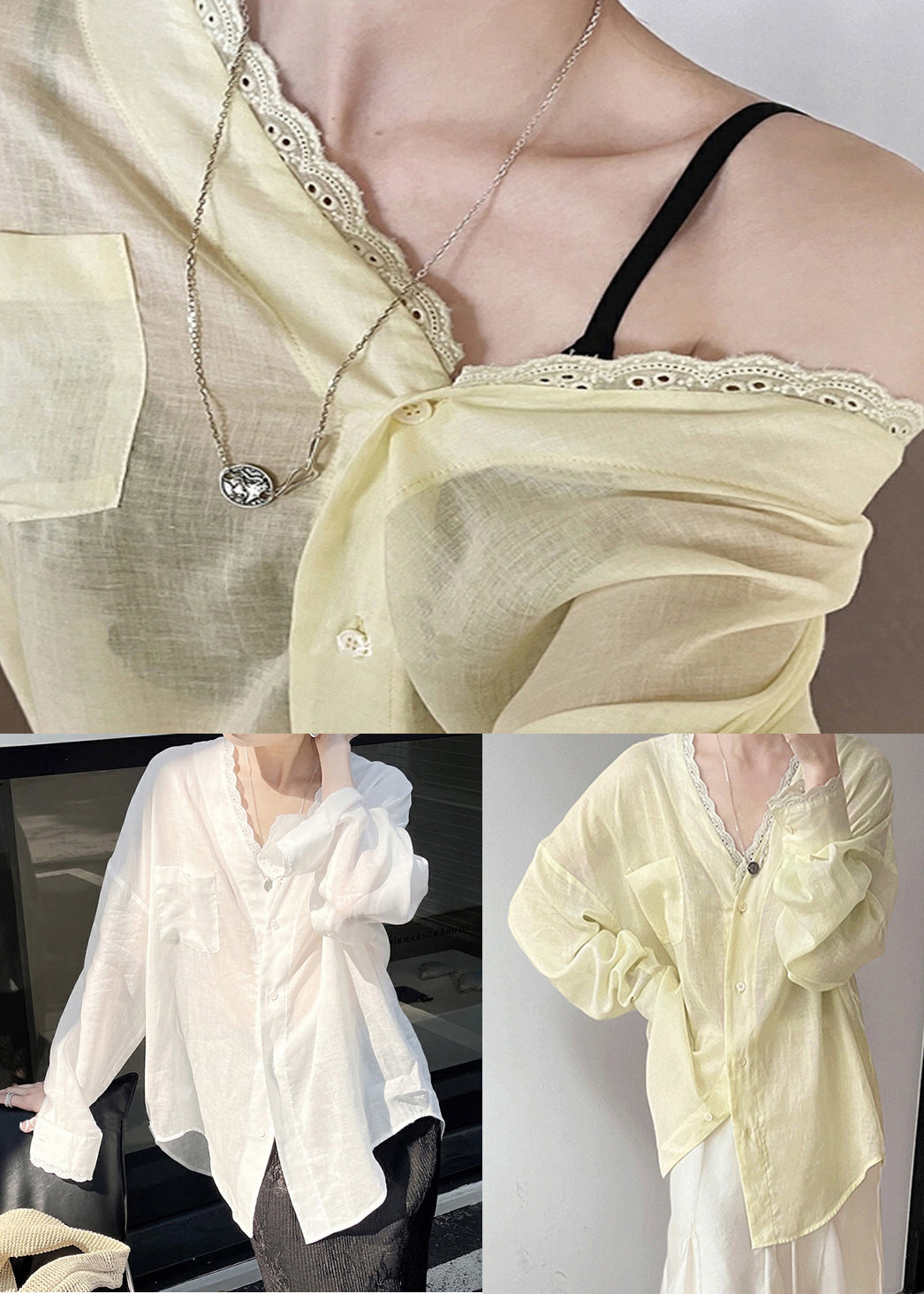 Lace V Blouse Neck Cotton Summer Pockets Silk Yellow FashionChic