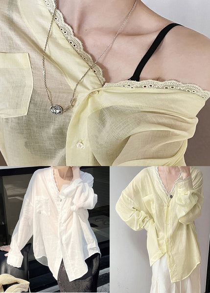 Lace V Blouse Neck Cotton Summer Pockets Silk Yellow FashionChic
