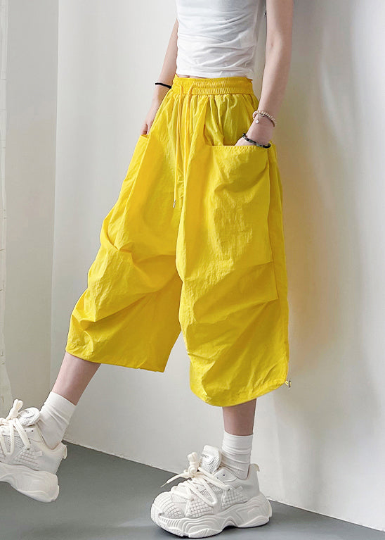 Elastic Waist Oversized Yellow Lace Summer Up Crop Pants Cotton FashionChic