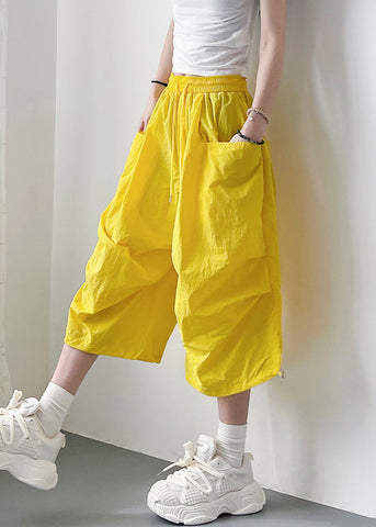 Elastic Waist Oversized Yellow Lace Summer Up Crop Pants Cotton FashionChic