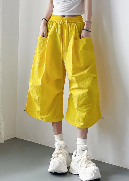 Elastic Waist Oversized Yellow Lace Summer Up Crop Pants Cotton FashionChic